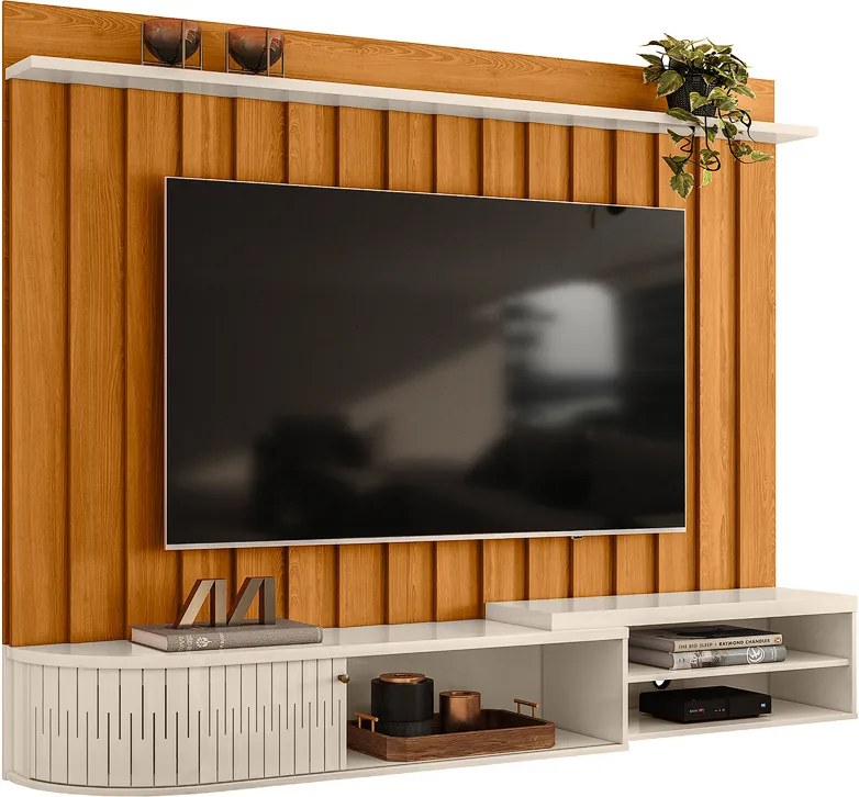 Painel TV 75 Pol 207cm Bancada Suspensa para Sala Elvano Cinamomo/Off White M20 - D'Rossi