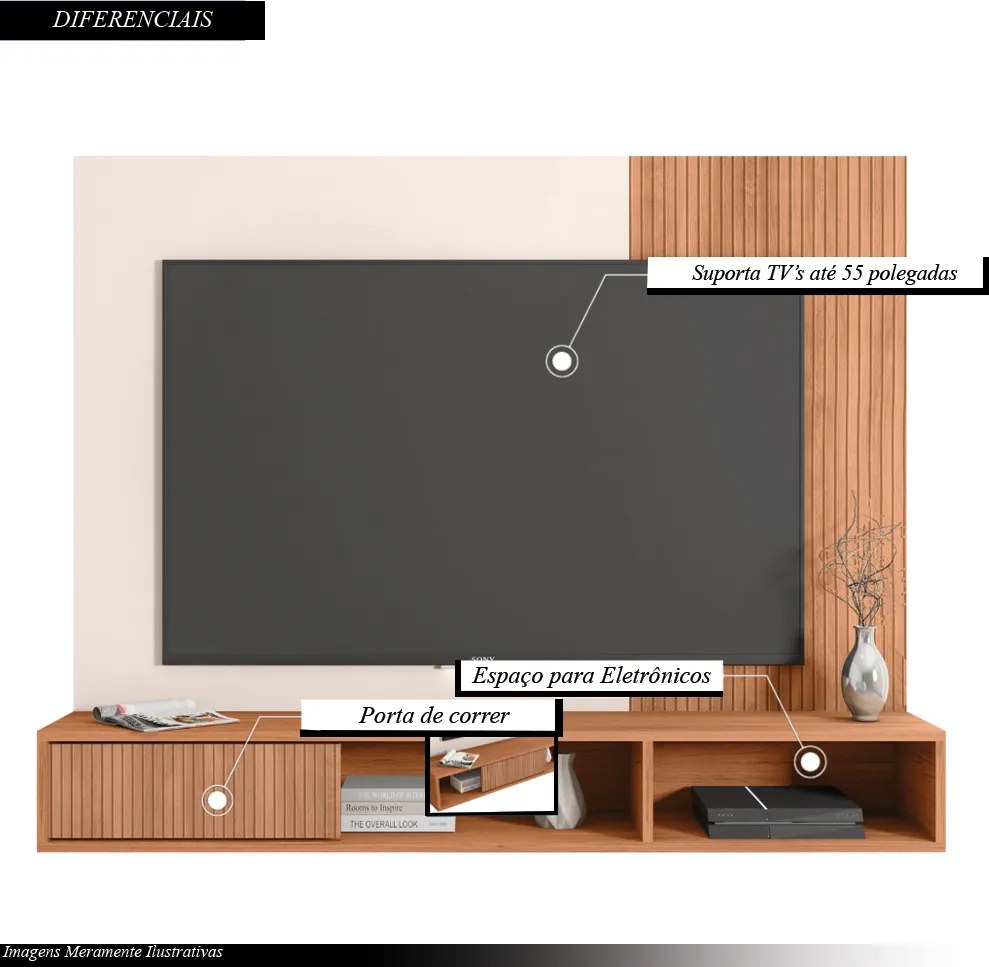 Painel Bellara 135,5cm para TV até 55 com Porta e Prateleiras Nichos MDP Freijo/OffWhite G11 - Gran Belo