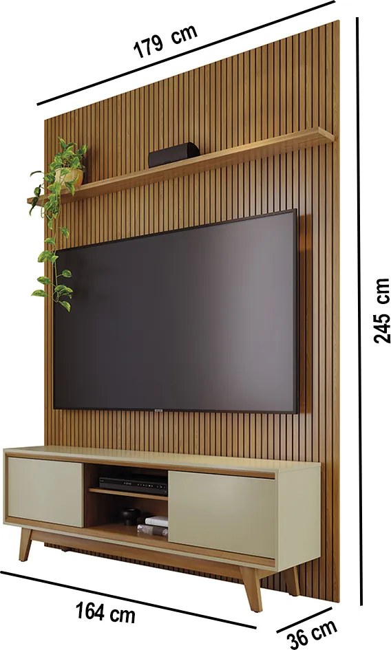 Painel TV 65 Pol 179cm Ripado Valen e Rack Bancada Mylan M20 - D'Rossi - Cumaru(fosco)/Opala(brilho)