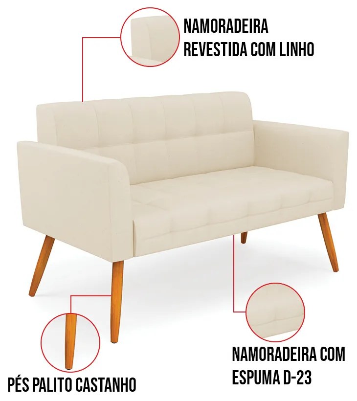 Kit 1 Sofá Namoradeira e 2 Poltronas Elisa Linho Pés Palito Castanho D03 - D'Rossi - A19 Bege