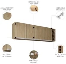 Armário de Cozinha Aéreo 180cm Nevada Com Nicho Castanho    - Lumil