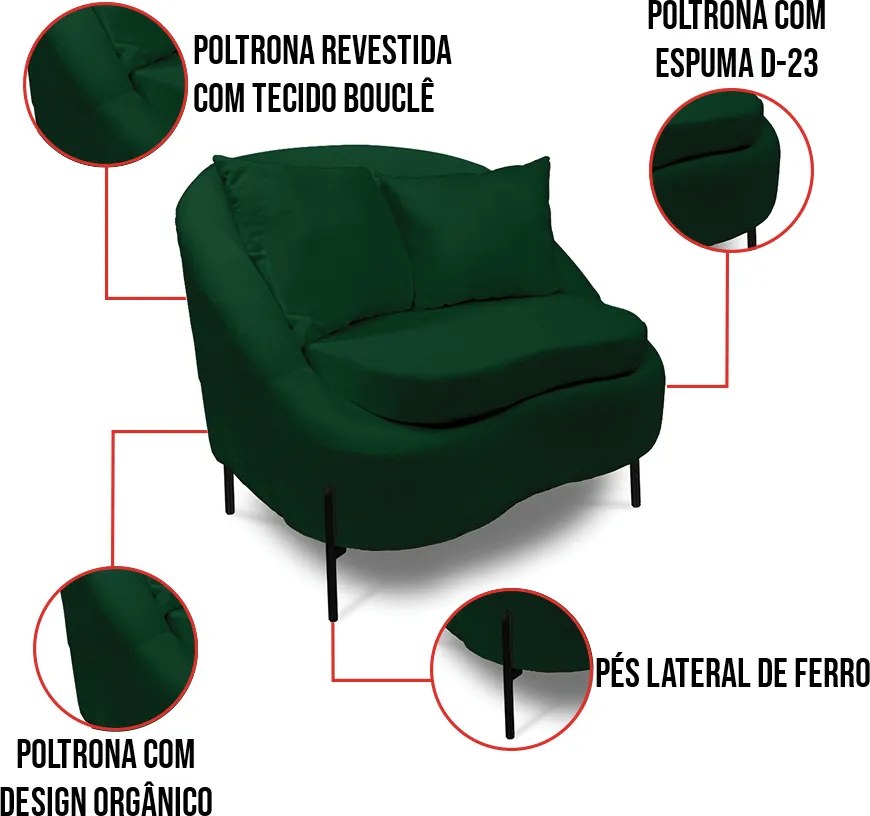 Poltrona Decorativa Orgânica Pé de Metal Preto Zaya Bouclê C05 - D'Rossi - Verde