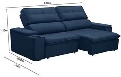 Sofá Retrátil Reclinável 3 Lugares 230cm Ginevra F05 Veludo Azul - Mpo