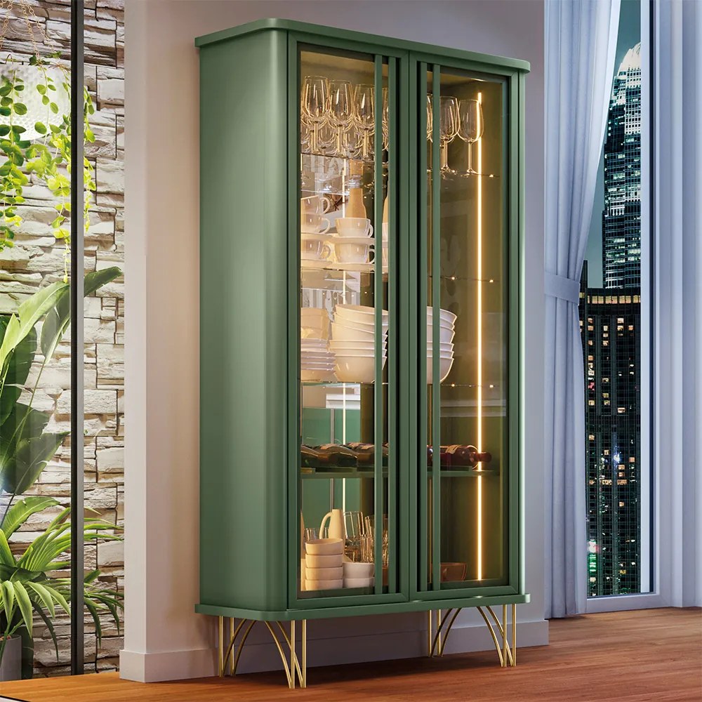 Cristaleira Decorativo com LED Portas de Vidro Évora Verde Pistache G26 - HB Móveis (FDL)