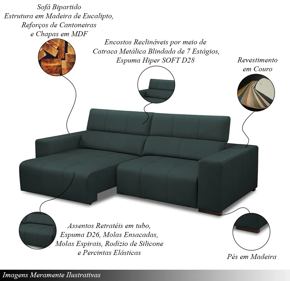 Sofá Decorativo Barbosa 3 Lugares Sala de estar 250cm Reclinável e Retrátil Couro Verde Musgo G88 - Gran Belo