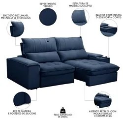Sofá Retrátil 3 Lugares com Porta Copo 230cm Andes F05 Veludo Azul - M