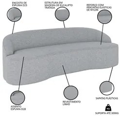 Sofá 3 Lugares para Sala de Estar Living 180cm Theo D06 Linho Cinza Cl