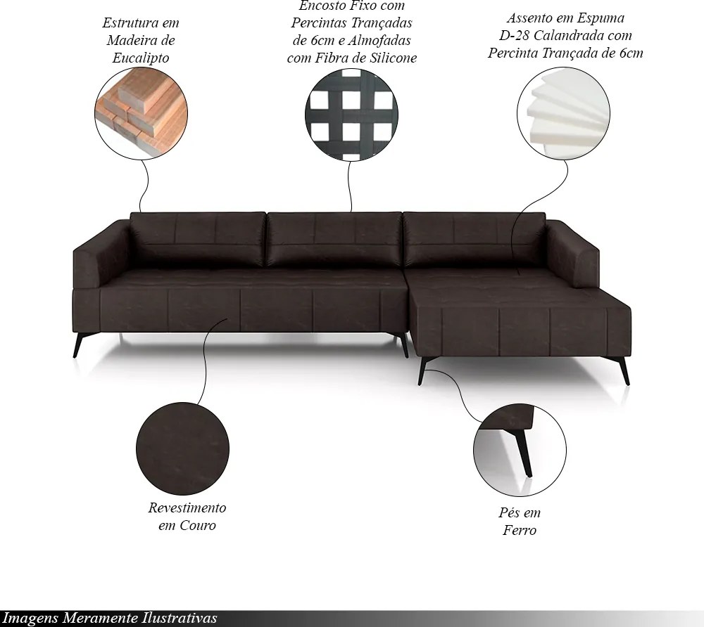 Sofá Bipartido Sala de Estar Kiara 332cm Chaise Direito Pés de Ferro Couro Borgonha Manchado G52 - Gran Belo
