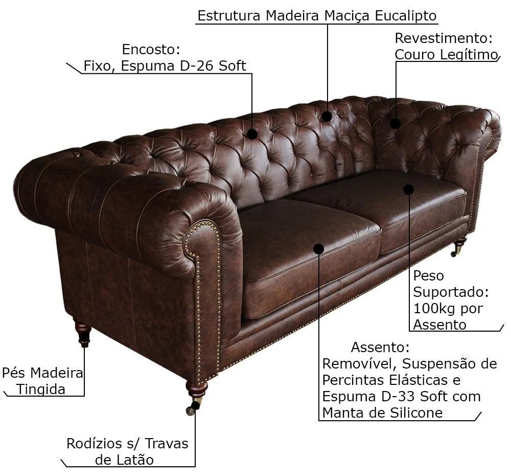 Sofá 3 Lugares Sala de Estar 235cm Chesterfield Duo Couro Tabaco G40 - Gran Belo