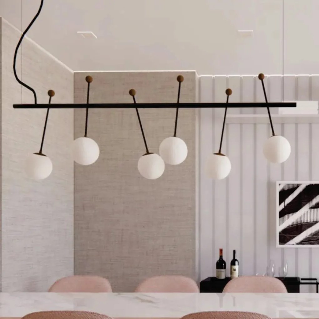 Pendente Varal 42X180X20Cm 08Xg9 Globo Ø12Cm - Usina 50000/8 (BT / CB-P - Branco Texturizado / Cobre Brilho Polido, Cristal (Transparente))