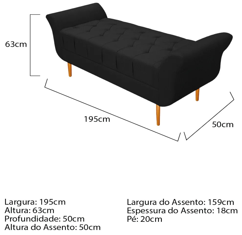 Recamier Estofado Ari 195 cm King Size Suede Preto - ADJ Decor