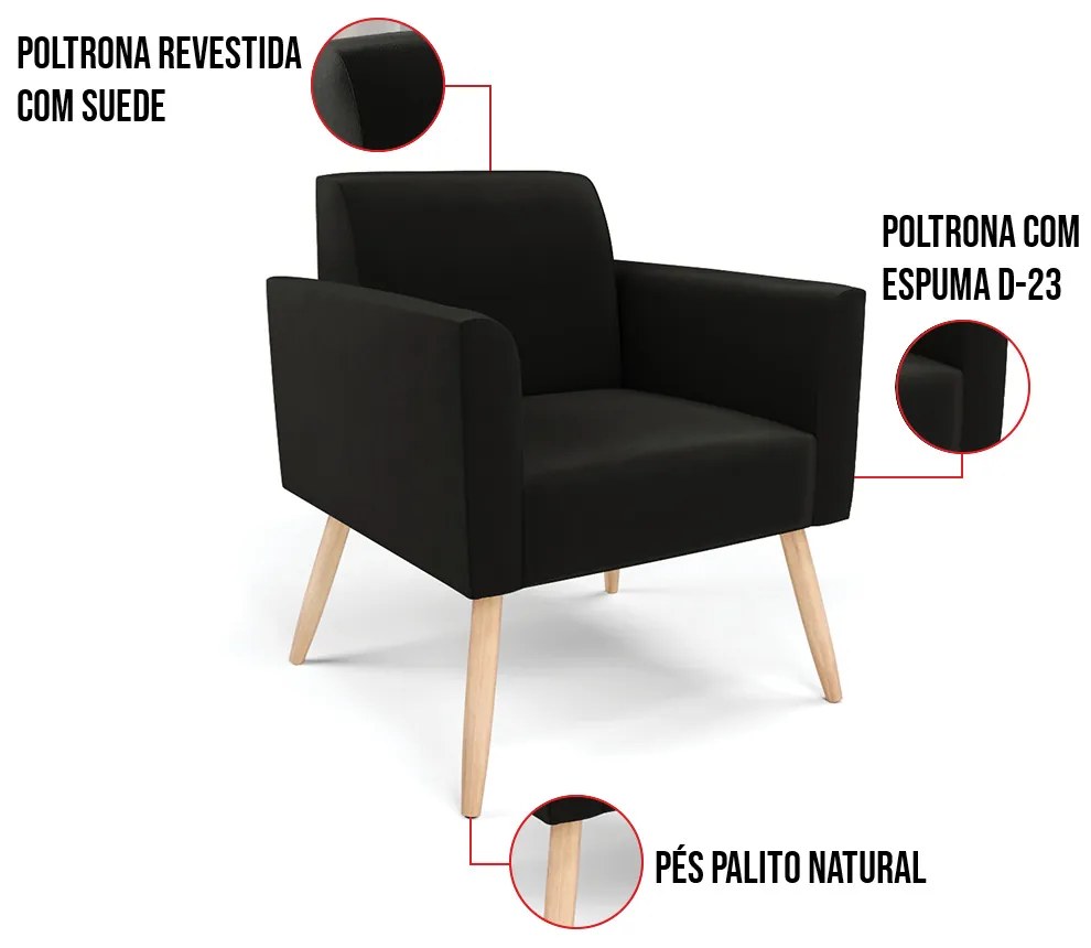 Poltrona Pés Palito Natural Marisa Suede - Preto