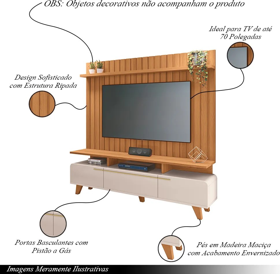 Conjunto Decorativo Bancada Essenza e Painel Suspenso Link MDP/MDF Off White/Cinamomo G26 - HB Móveis