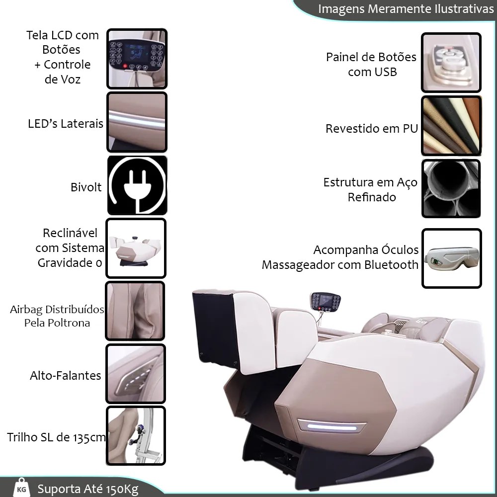 Poltrona de Massagem Reclinação Gravidade Zero Elétrica 3D Marvin Tela LCD com Óculos Massageador de Brinde PU Bege G94 - Gran Belo