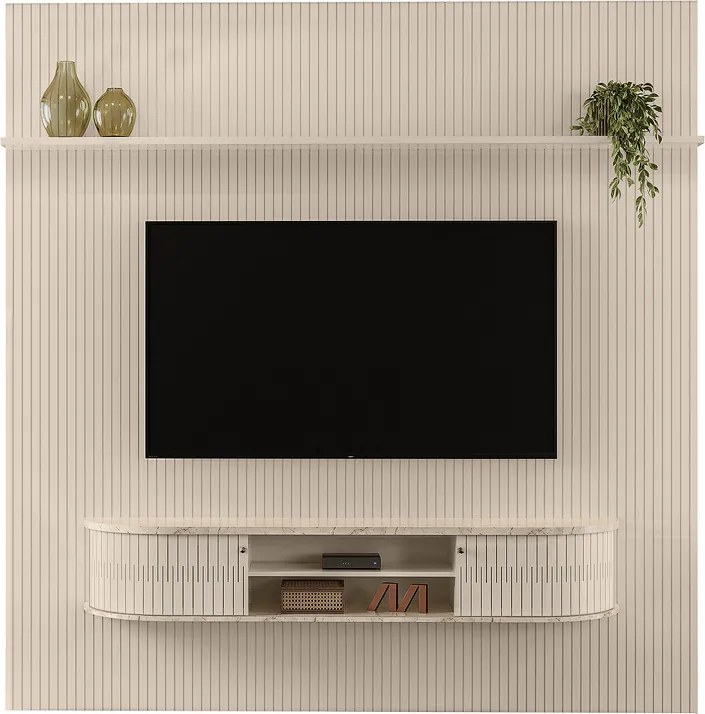 Painel TV 75 Pol 238cm Kalven e Bancada Suspensa Aurenzo M20 - D'Rossi - Calacata(brilho)/Off White(brilho)