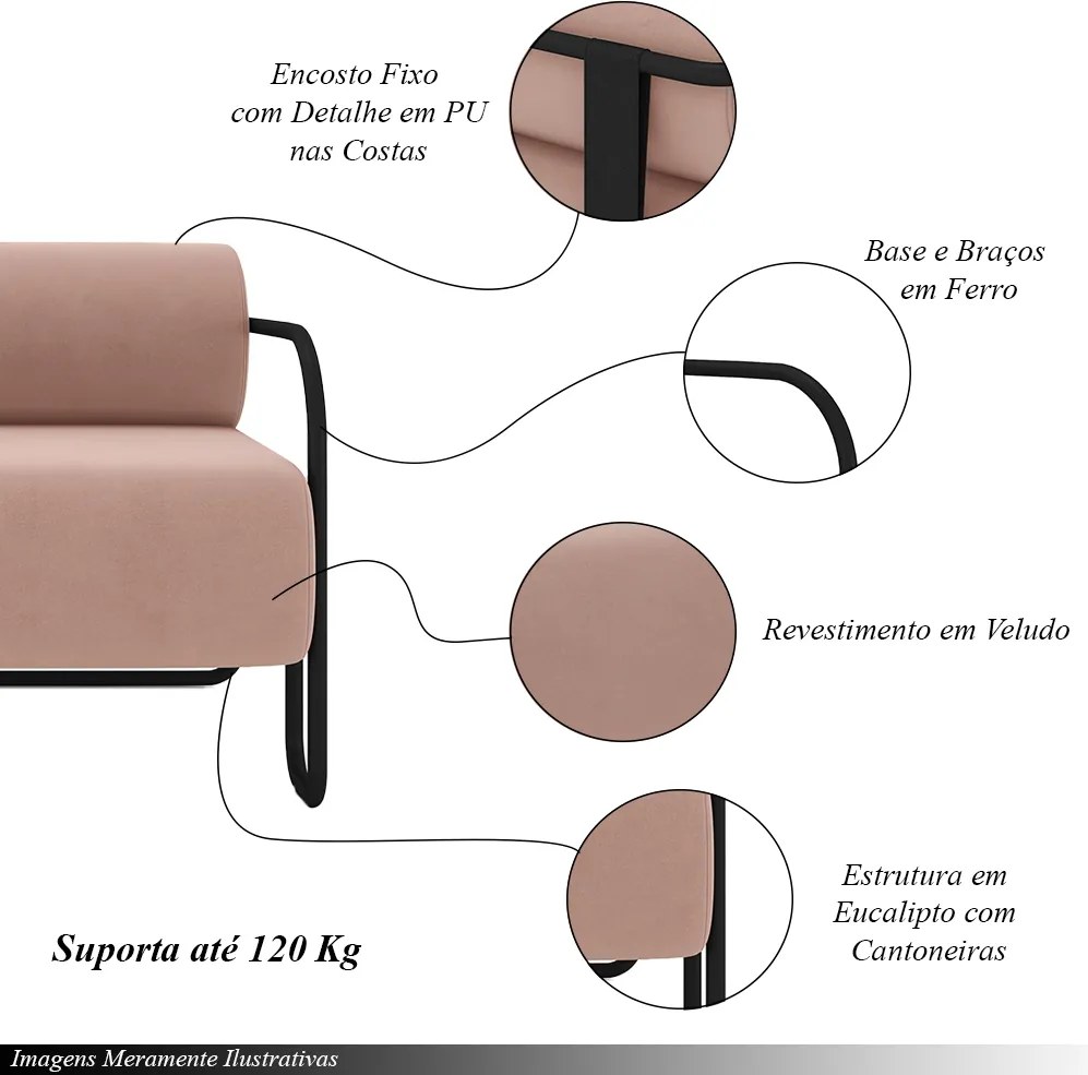 Kit 2 Poltronas Decorativas Sala de Estar Polatsk Base Industrial de Ferro Veludo Rosê G33 - Gran Belo