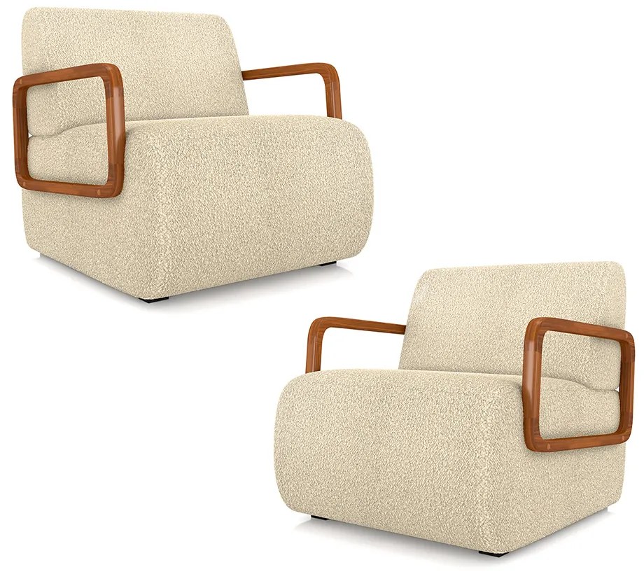 Kit 2 Poltronas Decorativa Sala de Estar Odessa Braços em Madeira Bouclê Bege G33 - Gran Belo