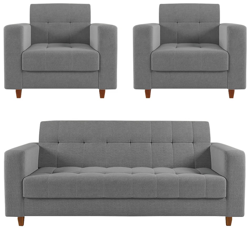 Sofá 2 Lugares e 2 Poltronas Pé Madeira Castanho Arezo Linho D01 - D'Rossi - A26 Grafite