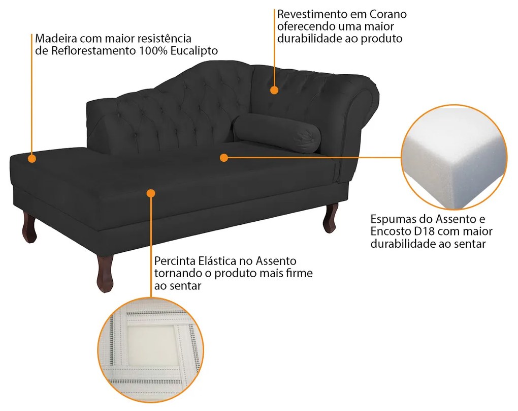 Recamier Diana 160cm Lado Esquerdo Corano Preto - ADJ Decor