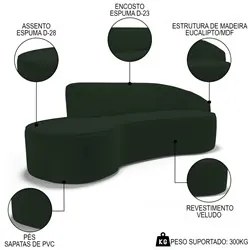 Sofá Living  3 Lugares 260cm Braço Direito Mozart D06 Veludo Verde - M