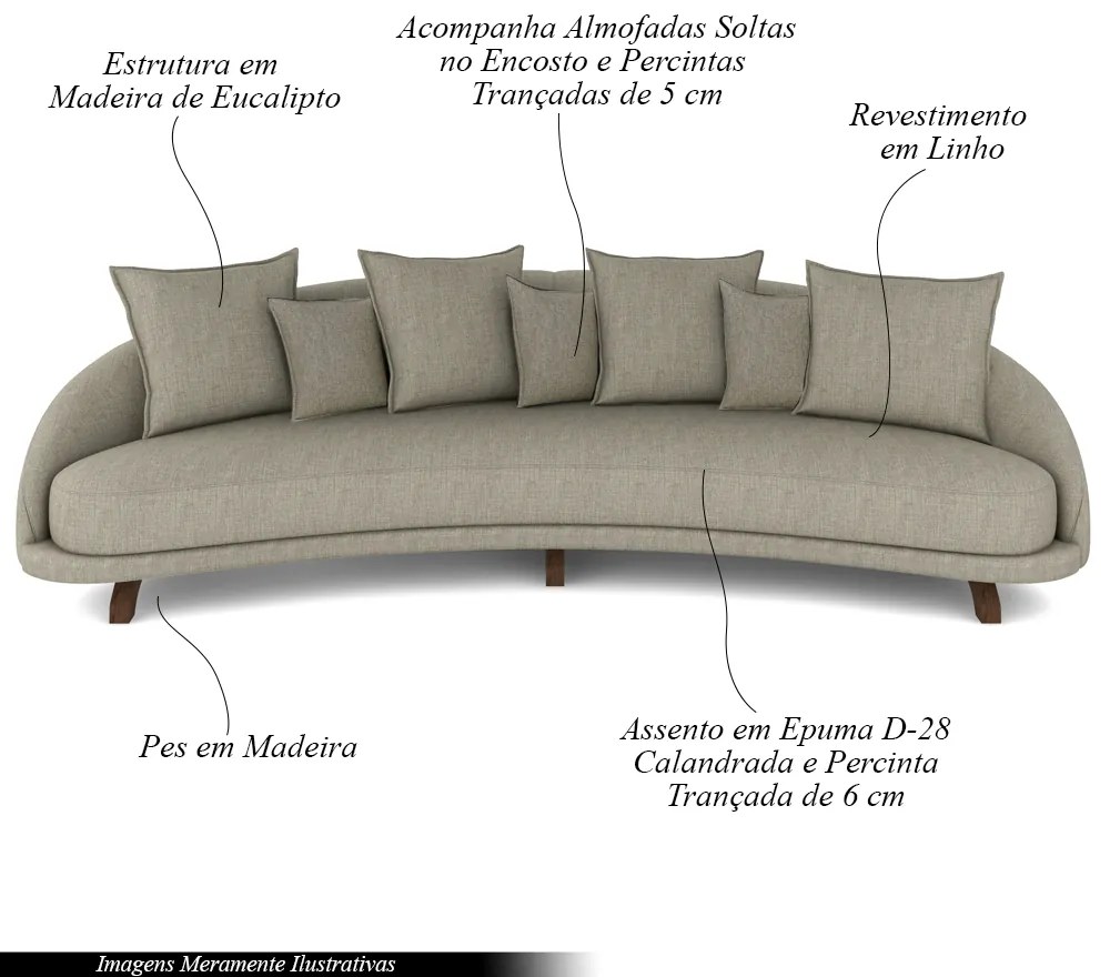 Sofá Living 3 Lugares 265cm Pés Madeira Morales com Almofadas Linho Cáqui Claro G52 - Gran Belo