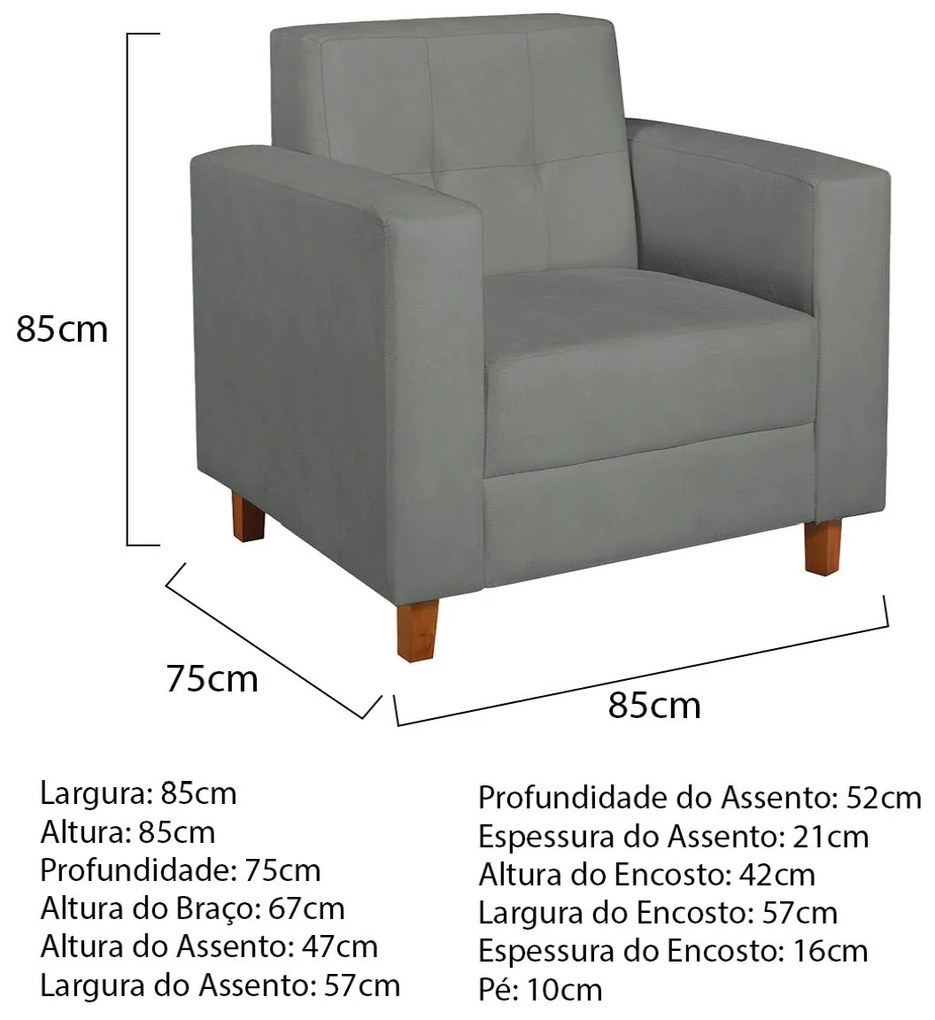 Kit Sofá 2 Lugares e Poltrona Denver Corano Cinza - ADJ Decor