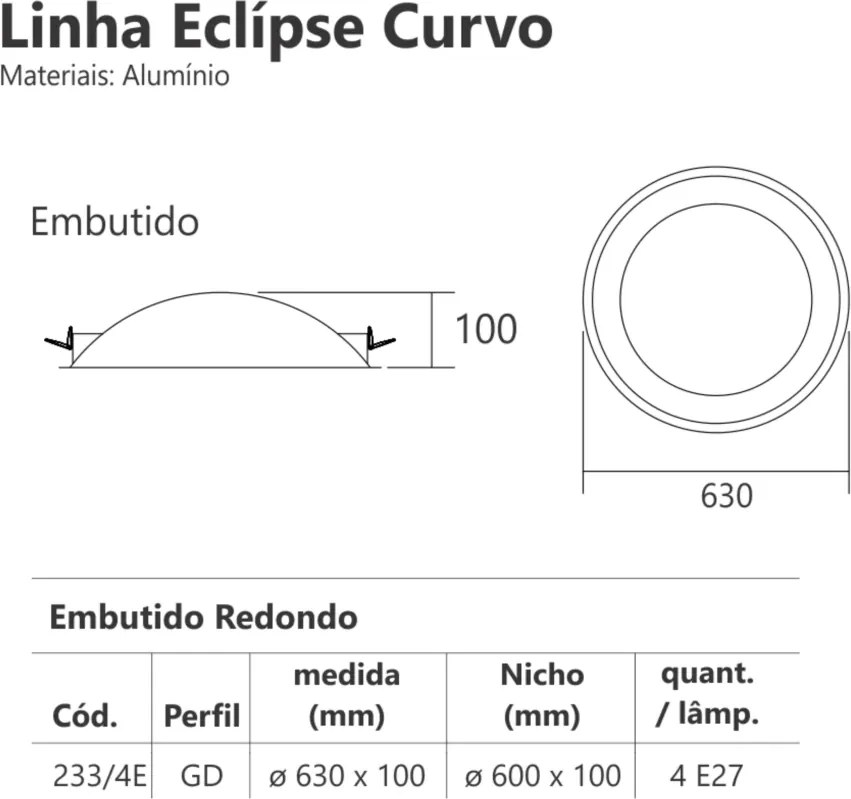 Luminária De Embutir Eclipse Curvo 4Xe27 Mini Ø60X11Cm Metal | Usina 2... (BT - Branco Texturizado + BR-F - Branco Fosco)