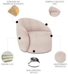 Poltrona Sala Giratória Redonda 91cm Steve Boucle Rose I01 - Mpozena