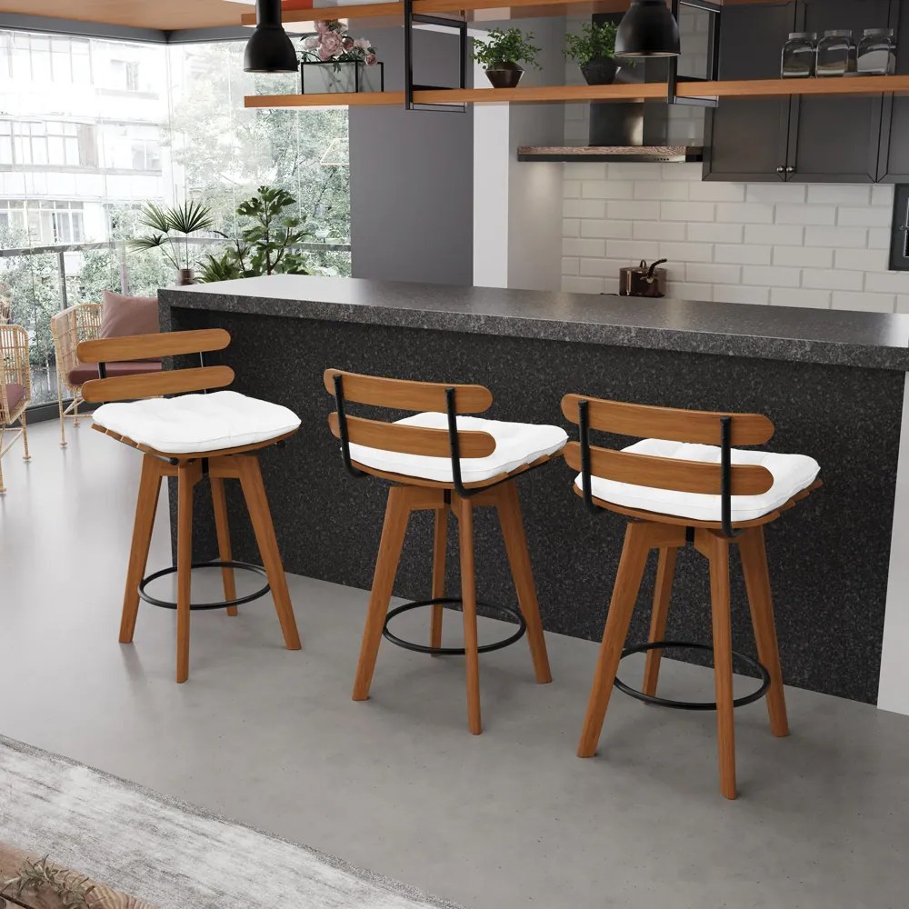 kit 02 Banquetas Giratória Costela Corino Branco Base Madeira MA70 - DRossi