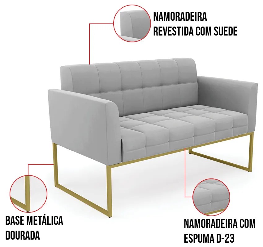 Kit 1 Sofá Namoradeira e 2 Poltronas Elisa Suede Base Metálica Industrial Dourado D03 - D'Rossi - Cinza