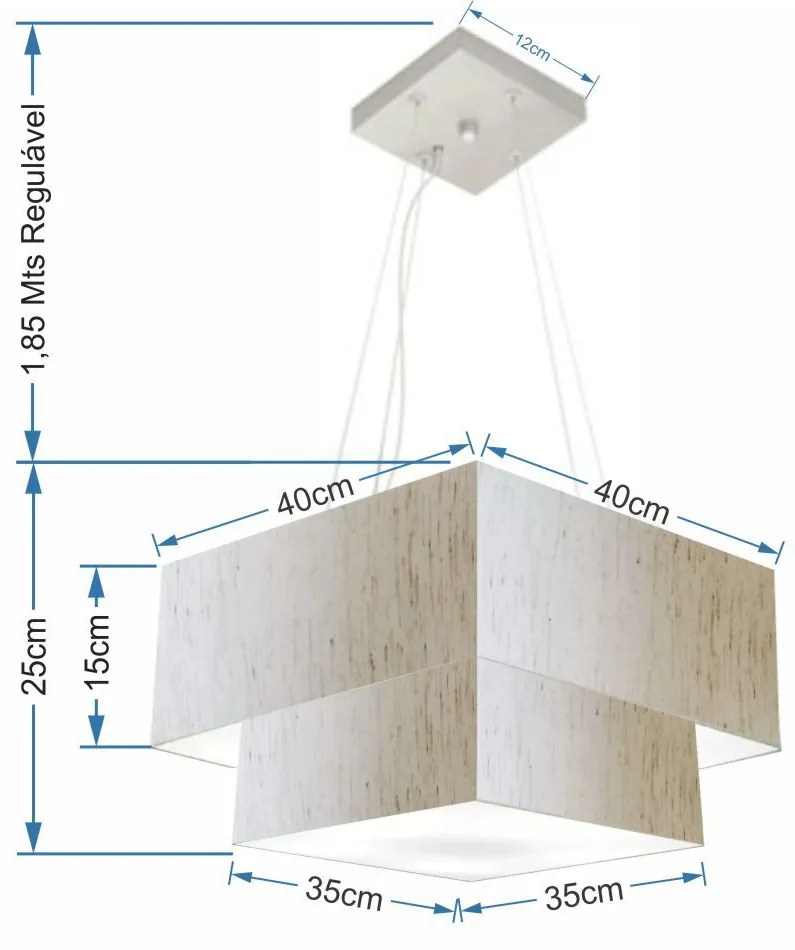 Lustre Pendente Duplo Quadrado Vivare Md-4157 Cúpula em Tecido 40x35cm Linho Bege - Bivolt