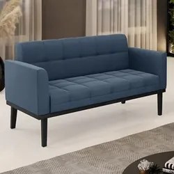 Sofá Namoradeira Base Madeira Preto Ana Suede Azul Marinho - Ibiza