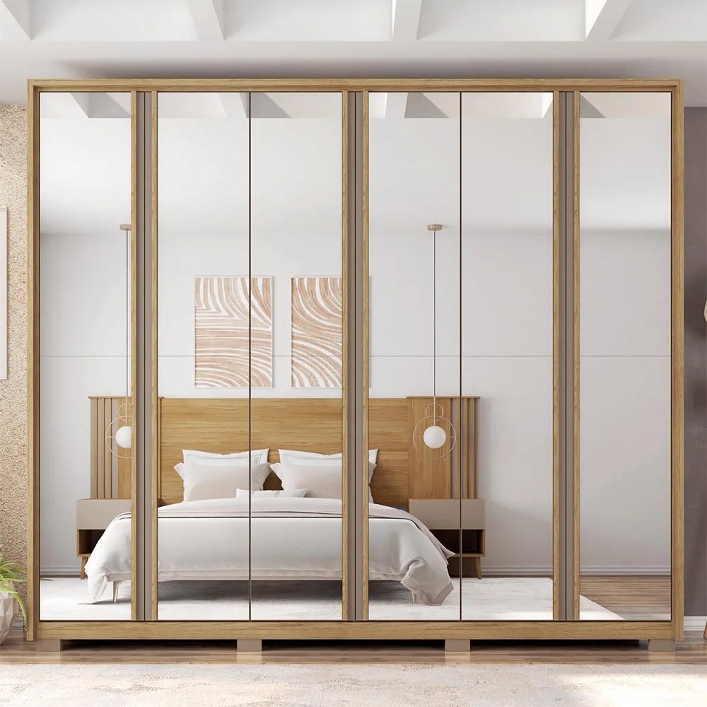 Guarda Roupa Orbit Casal com 6 Portas de Bater com Espelhos e 4 Gavetas MDP Buriti/Fendi G11 - Gran Belo