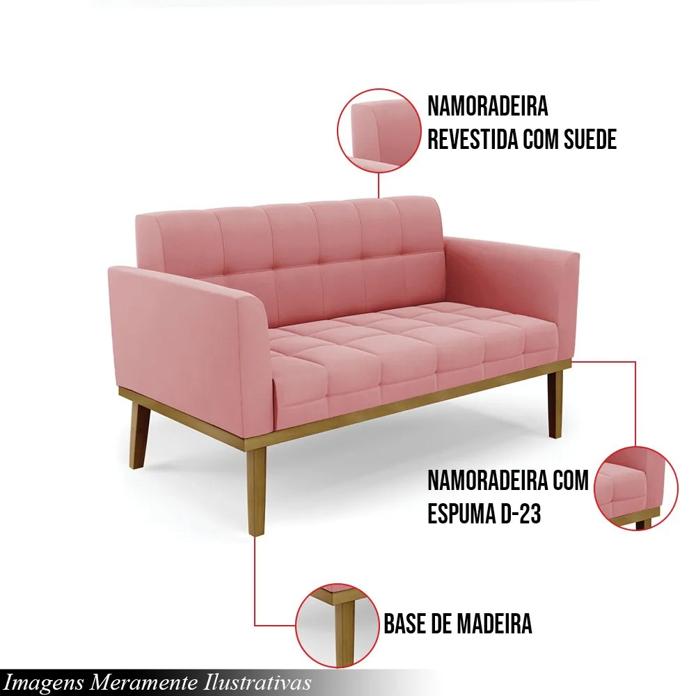 Poltrona Namoradeira Decorativa Karen Pés Fixo em Madeira Castanho Suede Rose G19 - Gran Belo