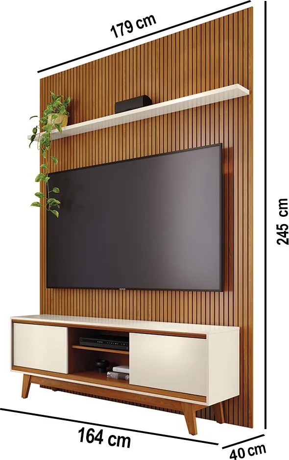 Painel TV 65 Pol 179cm Ripado Valen e Rack Bancada Mylan M20 - D'Rossi - Cinamomo(fosco)/Off White(brilho)