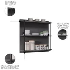 Prateleira Industrial Cozinha Tripla com Painel Flora Z34 Grafite - Mp
