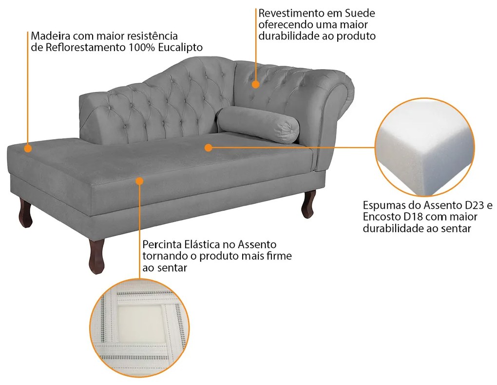 Recamier Diana 185cm Lado Esquerdo Suede Cinza - ADJ Decor