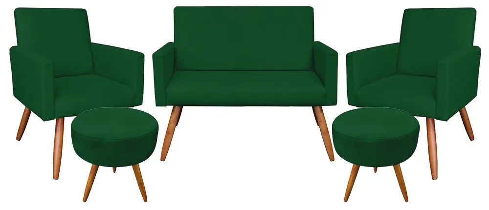 Kit 01 Namoradeira com 02 Poltronas e 02 Puffs Larissa Suede Pés Palito Castanho D'Rossi - Verde