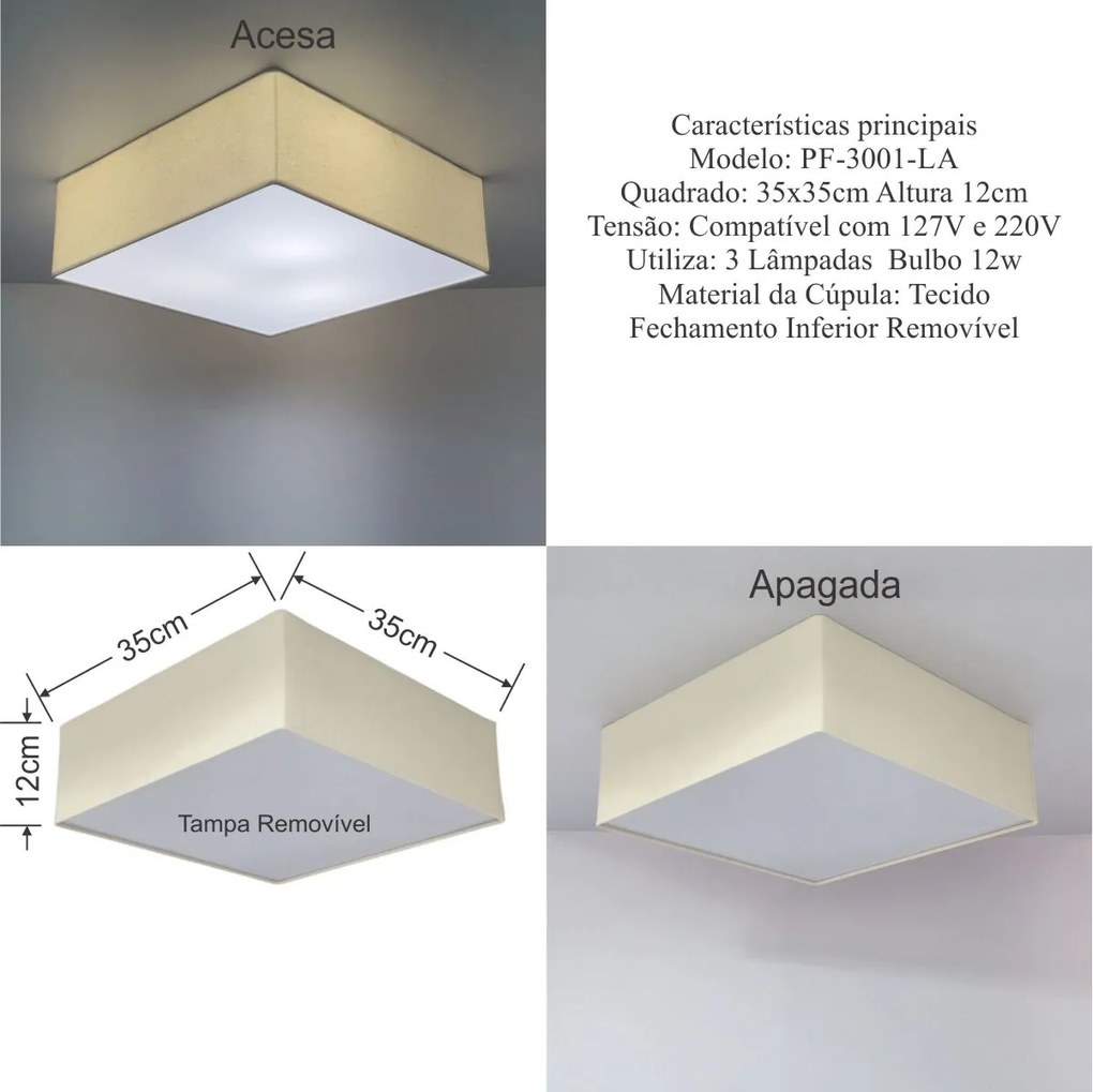 Plafon Quadrado Md-3001 Cúpula em Tecido 35x35x12cm Algodão Crú - Bivolt