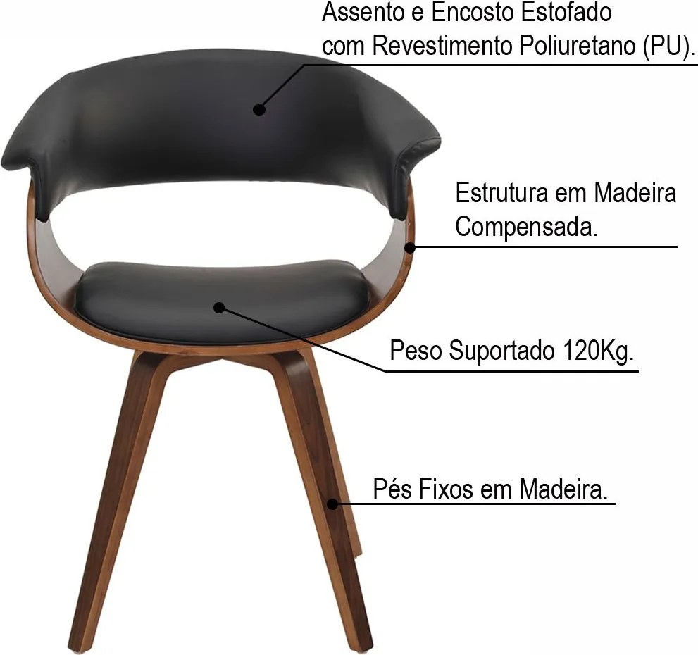 Cadeira Decorativa para Sala de Jantar Ohana Fixa PU Preto G56 - Gran Belo