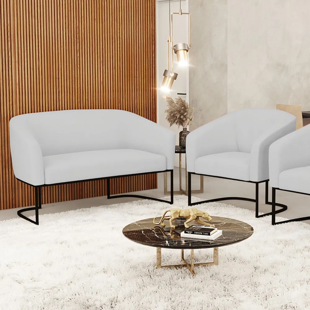 Sofá Namoradeira e Poltrona Base Industrial Preto Stella Linho D03 - D'Rossi - A05 Cinza