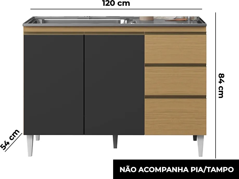 Balcão Cozinha com Tampo 120cm 3 Portas Paolla Atacama/Grafite A09 - D'Rossi