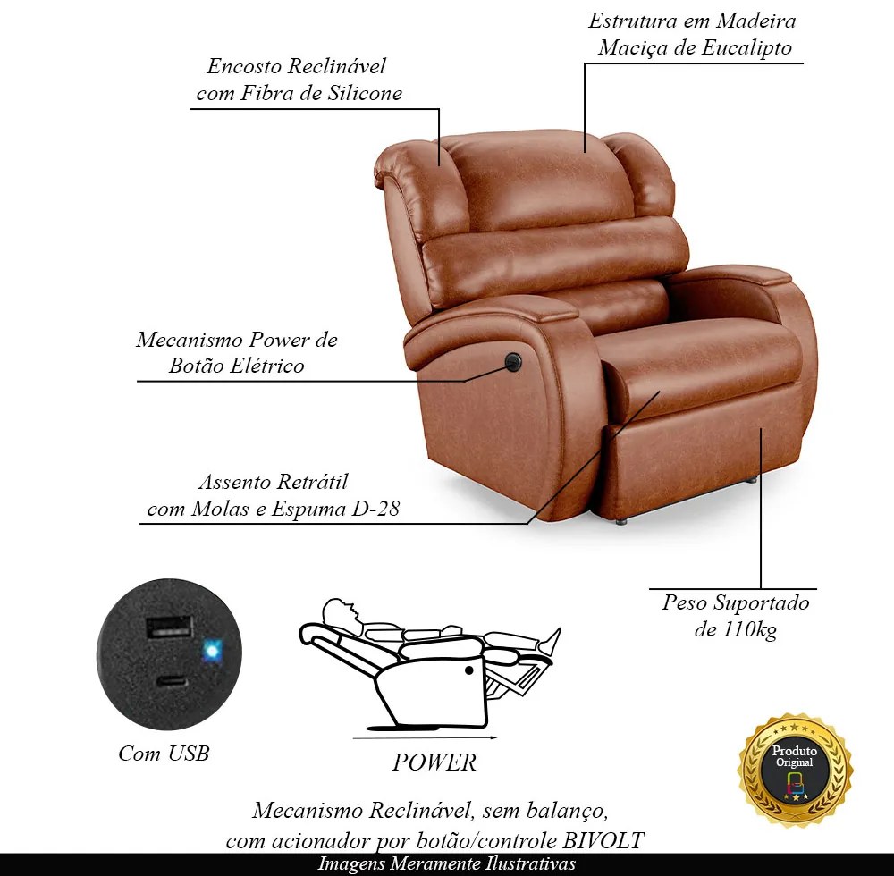 Poltrona do Papai Sala de Cinema Reclinável Kylie Power Elétrica USB PU Caramelo Brilho G23
