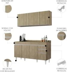 Armário Cozinha e Balcão Com Tampo 150cm Marrocos Castanho  - Lumil