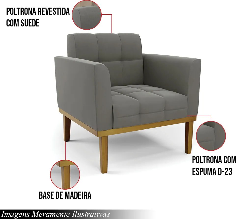 Kit 2 Poltronas Decorativas Karen Pés Fixo em Madeira Castanho Suede Grafite G19 - Gran Belo