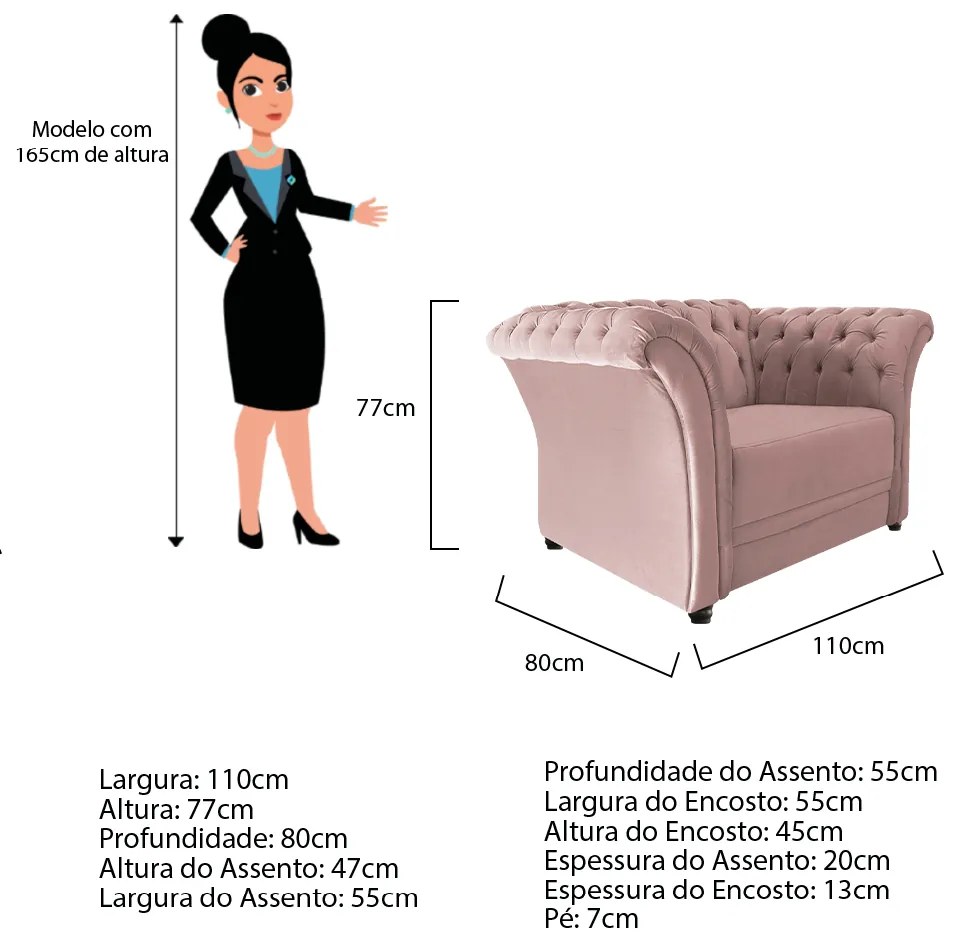 Poltrona Decorativa Chesterfield Sofia Suede Rosê - ADJ Decor