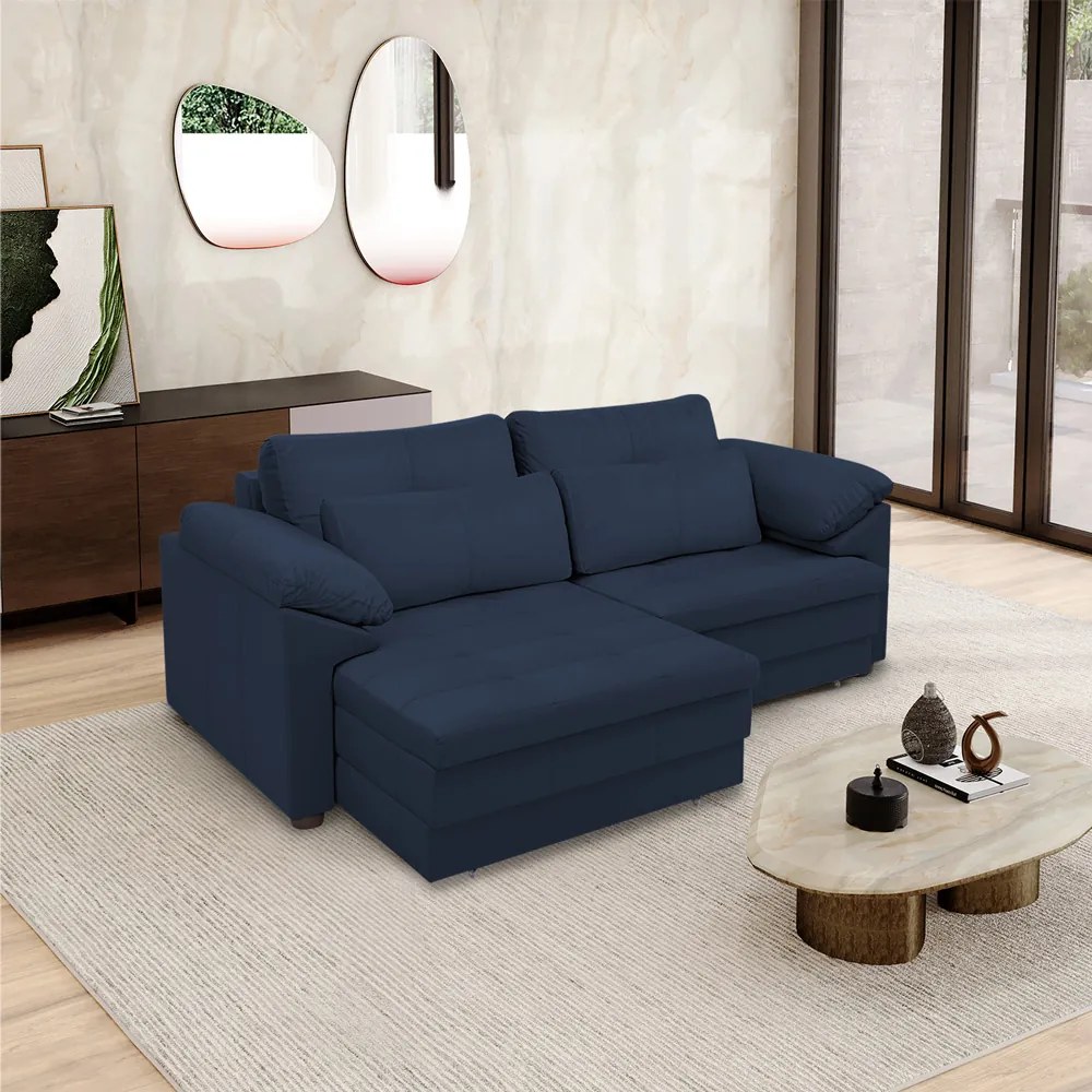 Sofá Retrátil Elétrico Sala de Estar Nolan Bipartido 215cm Conforto Premium em Couro Azul Marinho G58 - Gran Belo