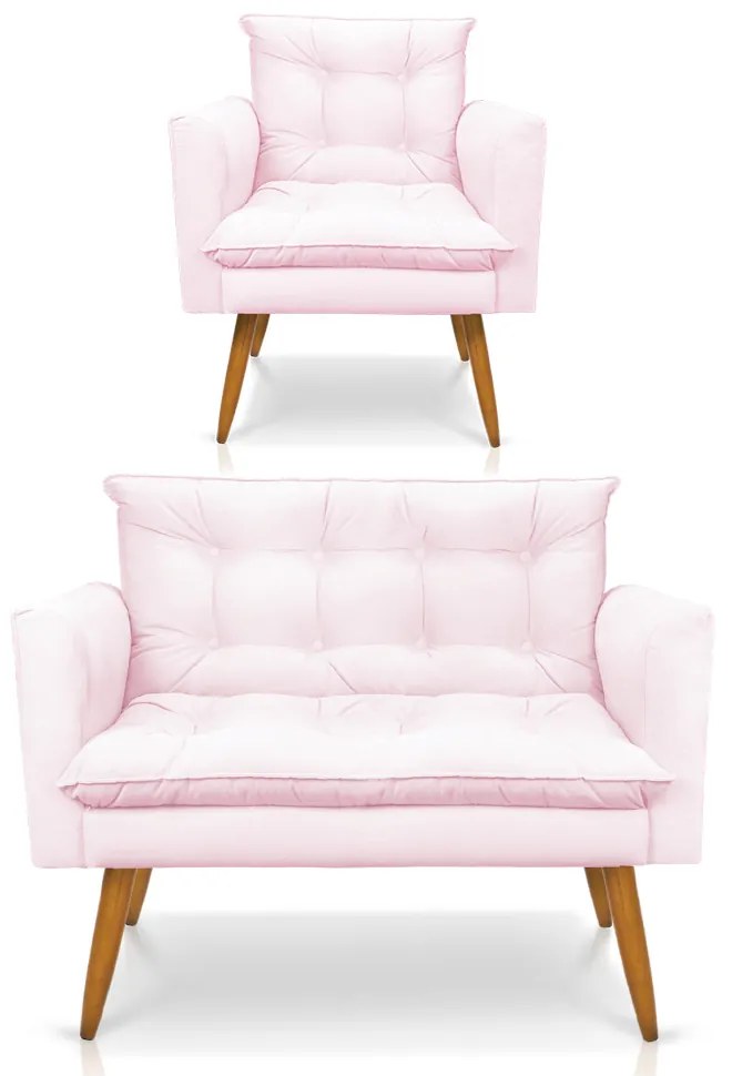 Kit 1 Sofá Namoradeira e 1 Poltrona Tais Suede Rosa Bebê Pés Palito Castanho - D'Rossi