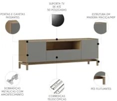 Rack TV 50 Pol 180cm 2 Portas 1 Gaveta Oak/Cinza F07        - Mpozenat