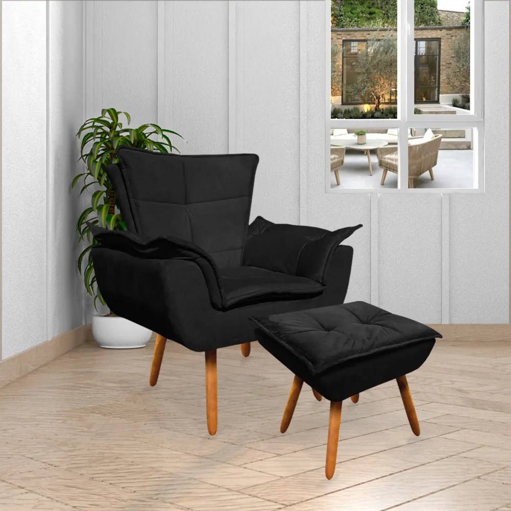 Puff Decorativo Pés Palito Charger Suede Preto G19 - Gran Belo